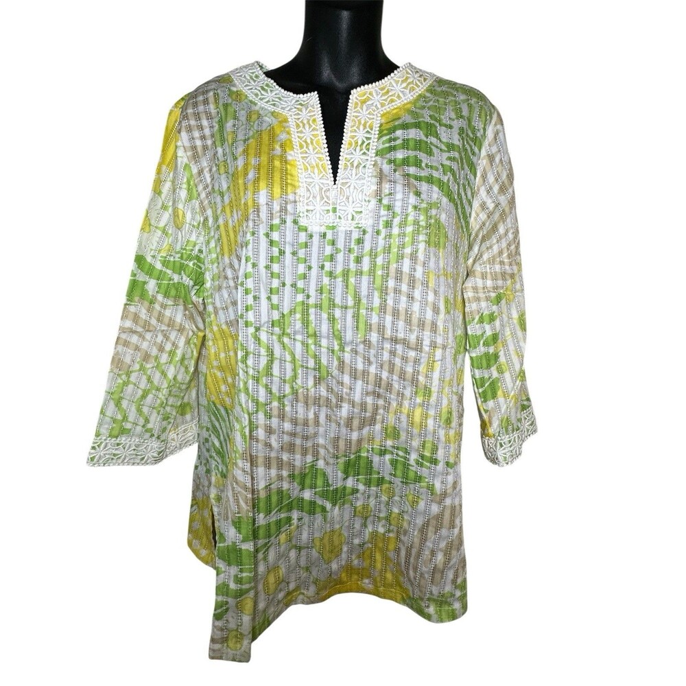 Alfred Dunner Top Women Sz 12 Green Yellow Floral V-Neck 3/4 Sleeve Hook & Eye
